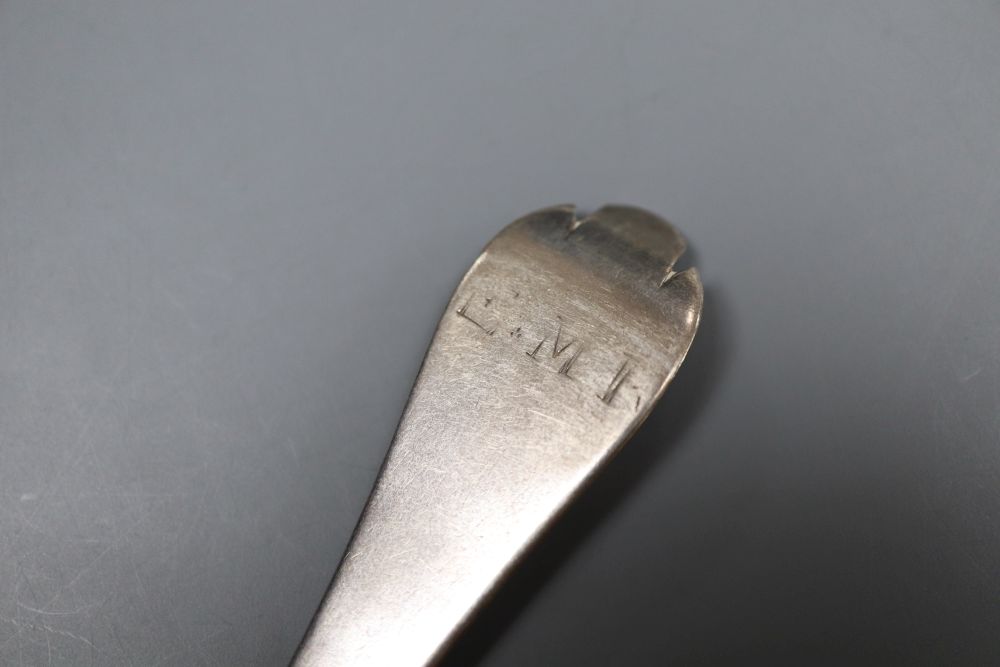 An 18th century Guernsey silver dog-nose spoon, makers mark only for Henry Guillaume, with engraved initials, 18.2cm, 27 grams.